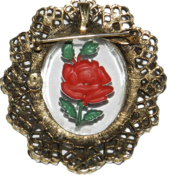 Vintage Intaglio Crystal Glass Reverse Engraved Rose Floral Brooch Pendant - Picture 3 of 7